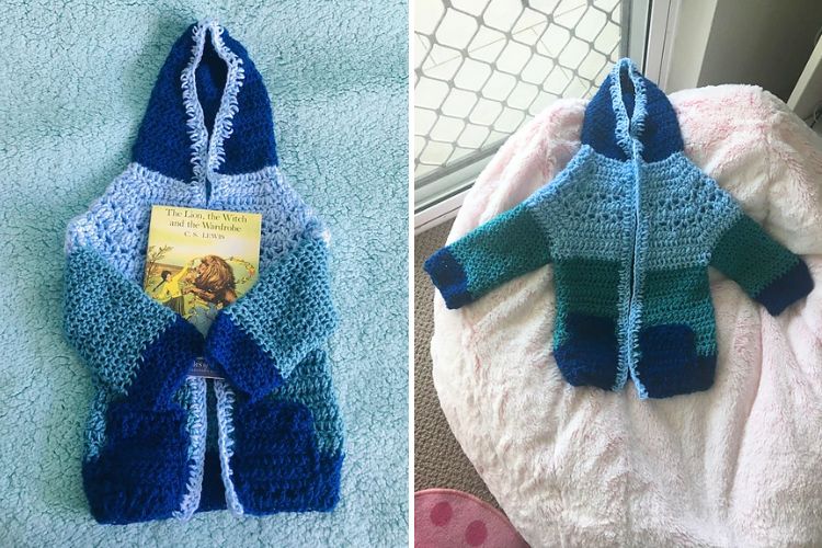 A handmade blue and green baby sweater displayed on different backgrounds.