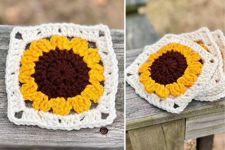 Hand-crocheted square coasters with a sunflower design resting on a wooden surface.