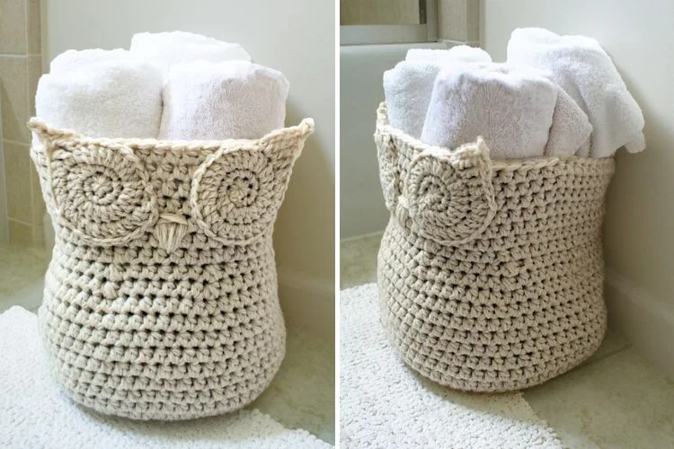 Woven basket filled with folded white towels in a bathroom setting.