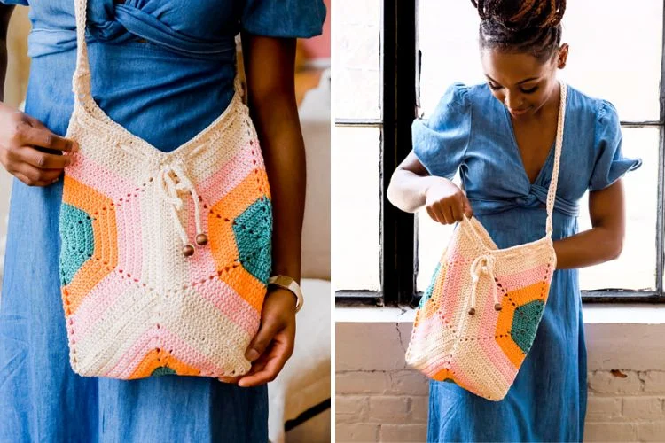 a woman wearing a colorful crossbody crochet bag