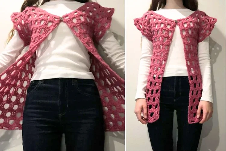 A person modeling a handmade pink crochet shawl from two angles, front and back.