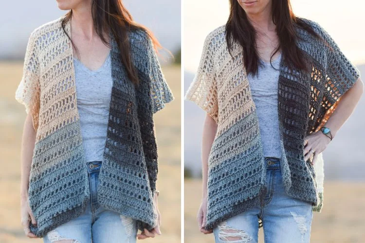 Two images showcasing a woman modeling a handmade crochet shawl in shades of gray and blue, paired with a white top and distressed jeans.