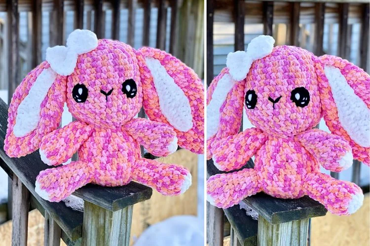 Handmade crocheted pink bunny plushie with long ears and black eyes, sitting on a wooden fence, shown in two slightly different poses.