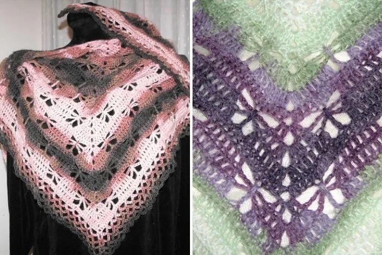 Two images of handmade shawls: the left shows a pink and black shawl on a mannequin, the right features a close-up of a green and purple knitted pattern.