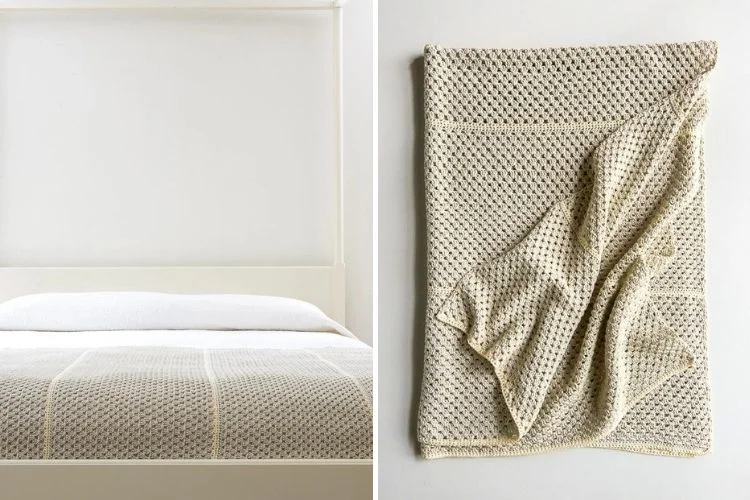 A neatly made bed with a textured blanket on one side and a close-up of the blanket's pattern on the other side.