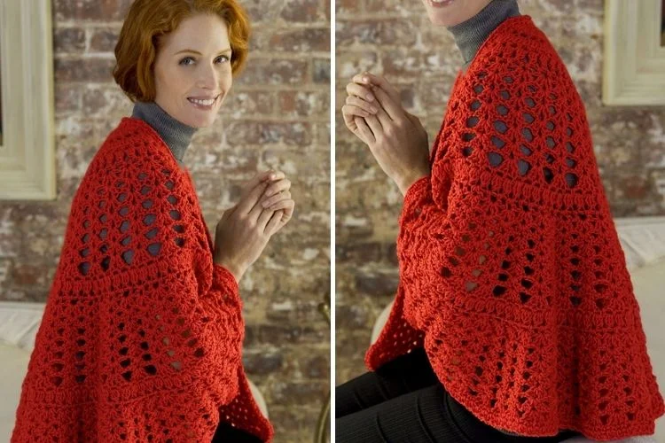 A woman with red hair smiling, wearing a red crochet shawl, shown from two angles.