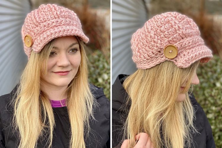 A young woman with blonde hair wearing a pink knitted cap with a button on the side, shown in two different profiles.