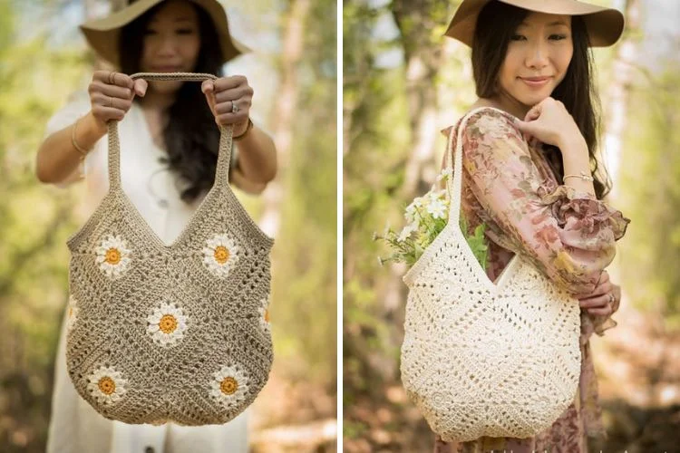 a woman holding two crochet bags made of granny squares with a daisy motif, one in light brown and white and the other in solid white