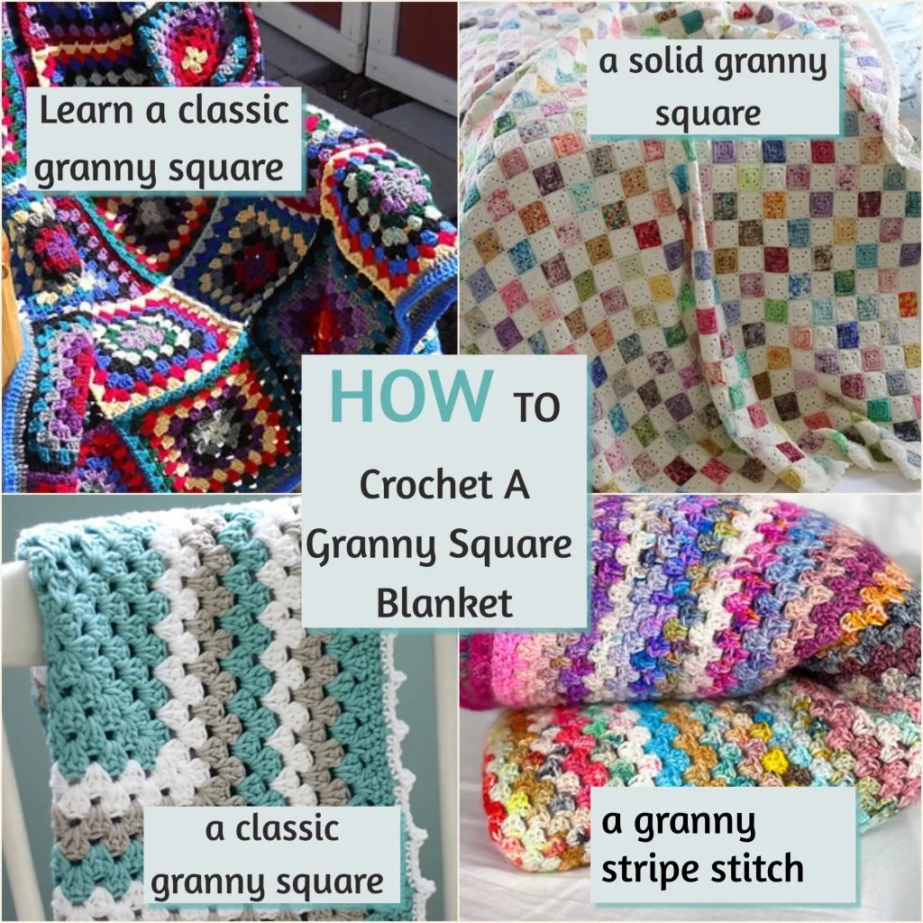 Collage showing different crochet granny square blanket styles, including classic, solid, and stripe stitch varieties, with text stating โHow to Crochet a Granny Square Blanket.โ Explore creative ways to design your own unique granny square blanket.