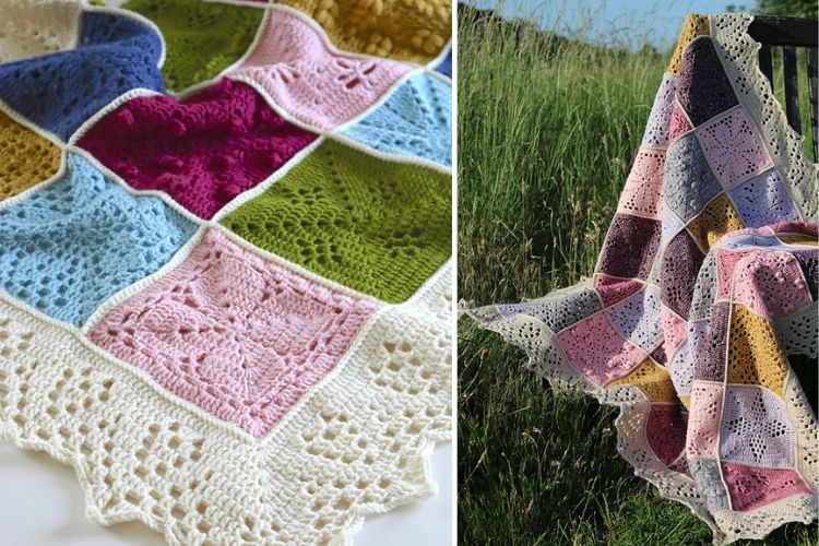 a crochet colorful blanket made of squares