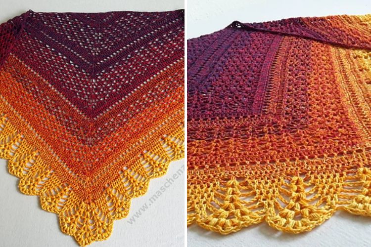 A handcrafted Erigeneia Shawl with a gradient color design transitioning from purple to yellow, featuring a detailed lace edge.