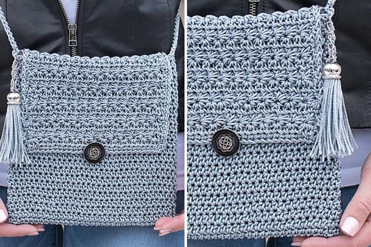 a small crochet bag in a grey color and a button