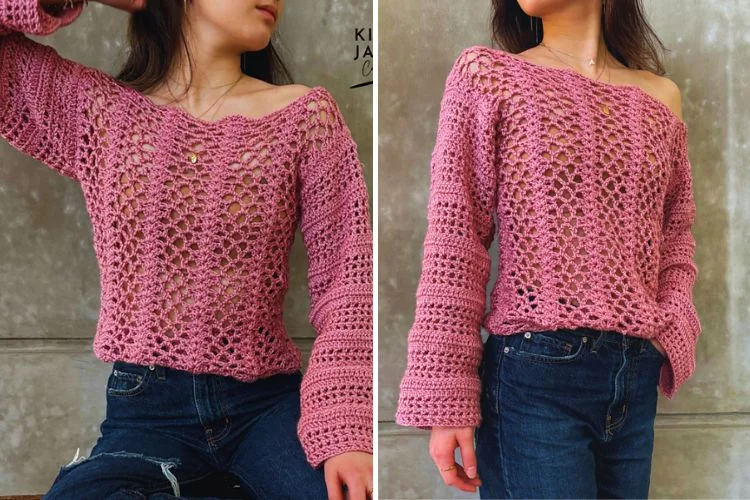 Woman wearing a pink crocheted, light mesh off-shoulder top and jeans, perfect from Spring to Summer.