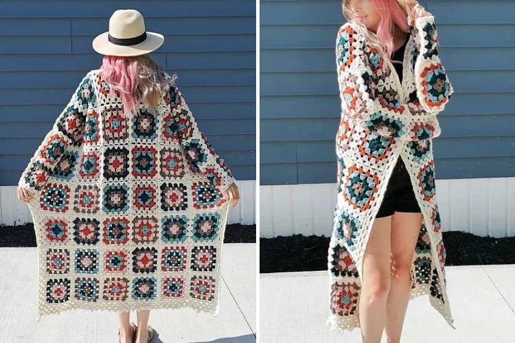 a woman wearing a long crochet cardigan made of granny squares