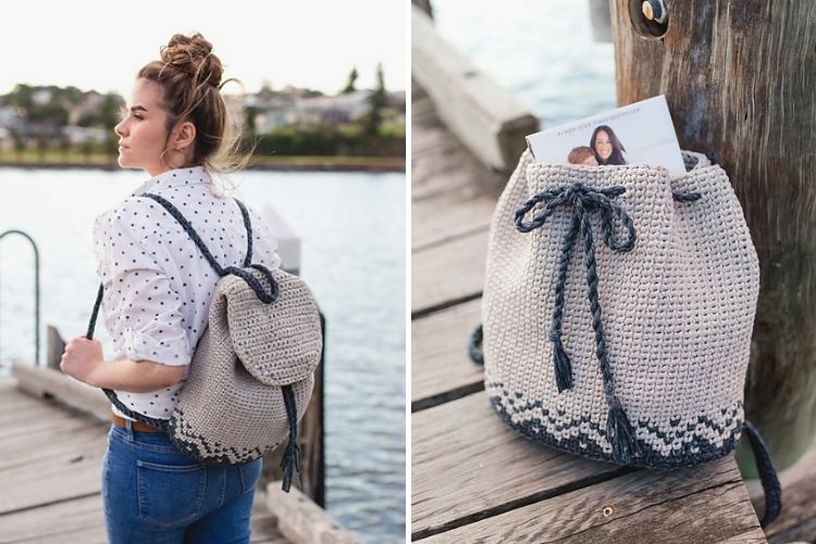 a woman wearing a crochet backpack