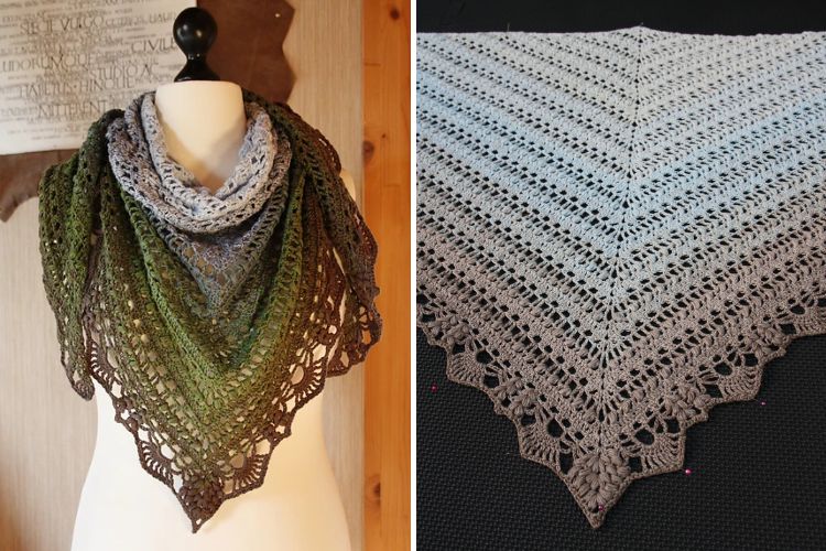 A handmade Schal Quiraing Crochet Shawl draped on a mannequin and displayed flat to show the intricate pattern.