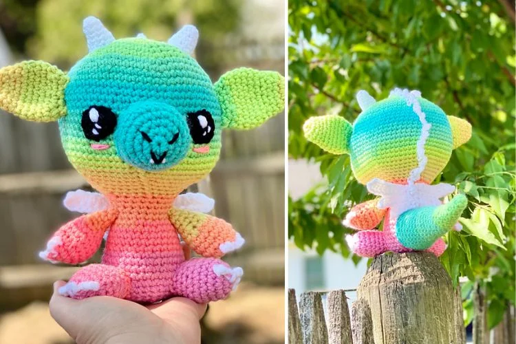 Handmade crochet dragon in pastel colors, displayed in hand and on a fence, with a focus on intricate details and bright eyes.