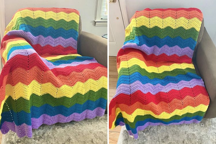 Multicolored crocheted blanket draped over a couch.