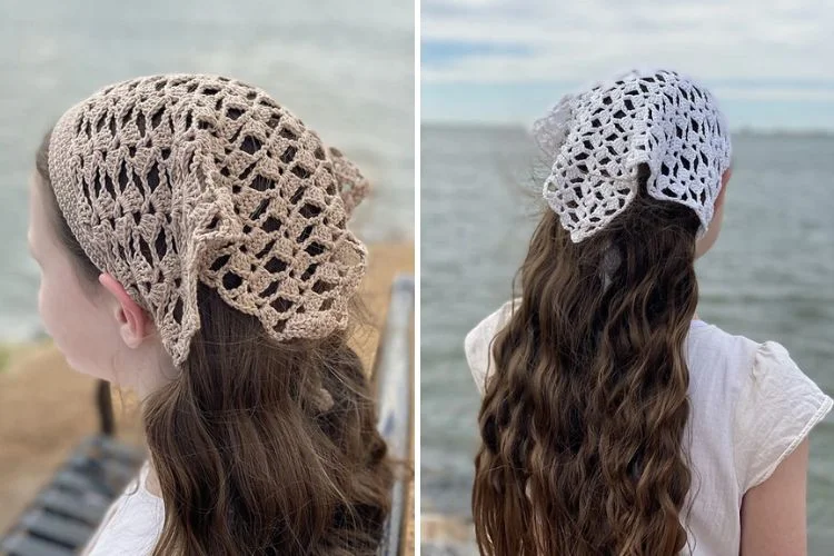 A collage of two images showing a woman from behind wearing a crochet hair covering, one in beige and one in white, set against seaside backgrounds.