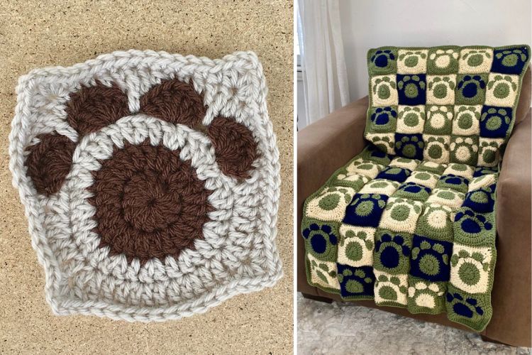 a light grey square with a brown paw print motif and a whole blanket made of paw print squares