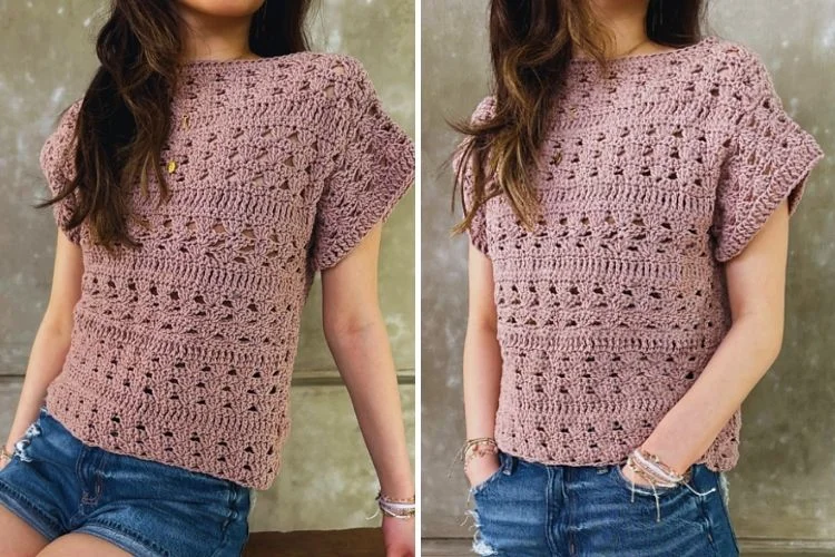 Woman in a pink crochet top and denim shorts, focusing on the details of the top's pattern and texture.