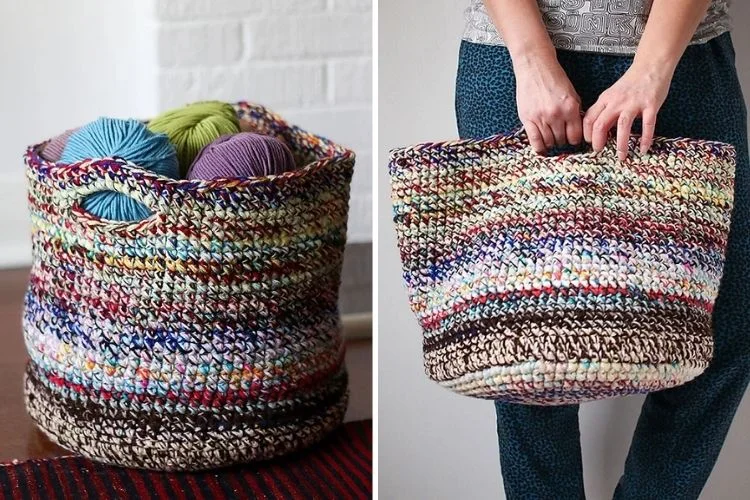 A colorful, hand-crafted crochet basket filled with yarn on the left, and held by a person on the right.