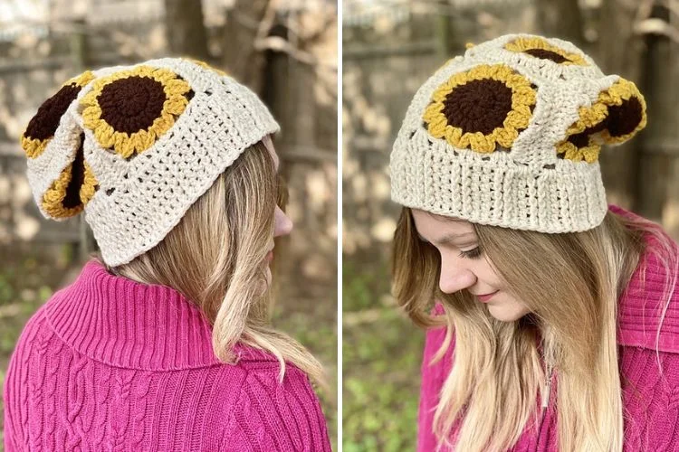 a woman wearing a crochet slouchy hat made of sunflower granny squares