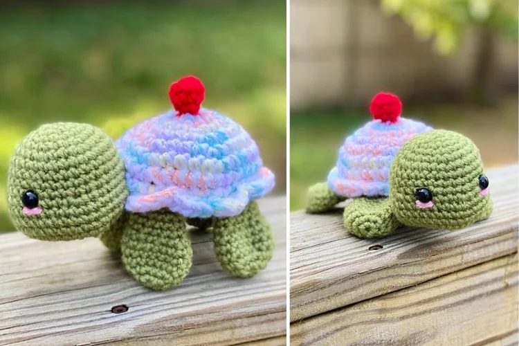 Two images of a handmade crochet turtle with a multicolored shell and a red bobble on top, displayed on a wooden surface with greenery in the background.