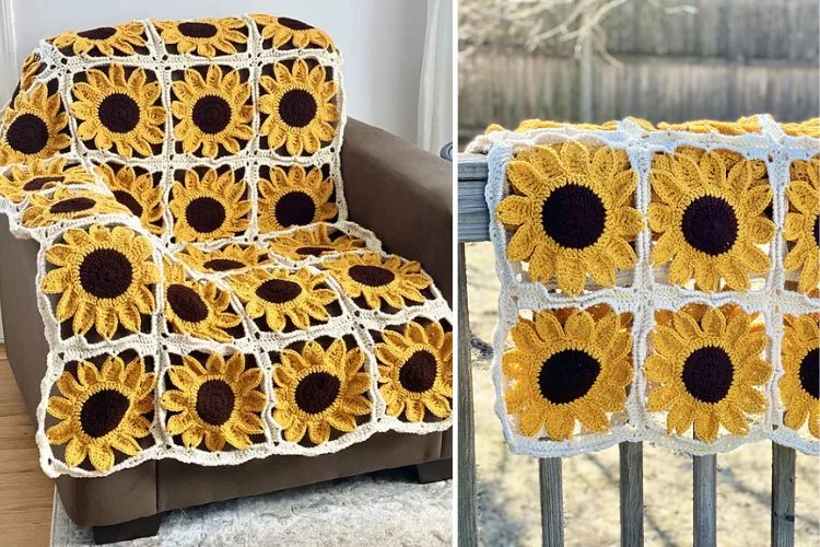 Crocheted sunflower pattern blankets draped over a chair and a fence.