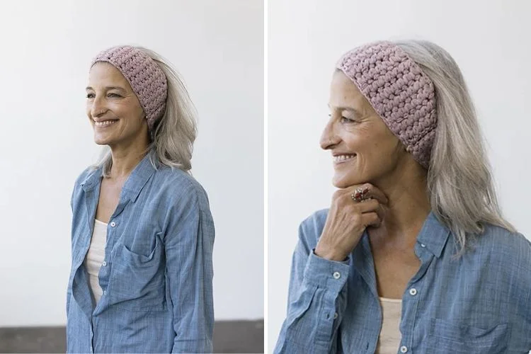 Side-by-side portraits of a smiling woman with gray hair wearing a pink knit beanie and a blue shirt.