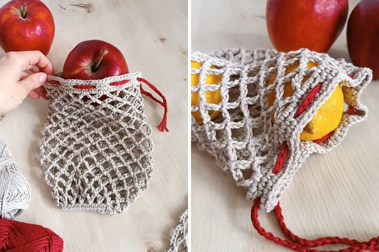 Handcrafted crochet produce bags containing apples and oranges.