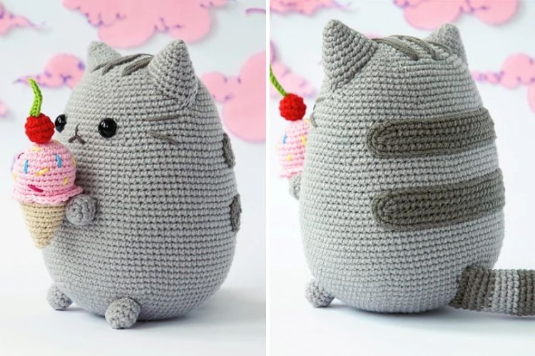 A gray crocheted cat toy holding an ice cream cone in one image, and shown from the back with a striped tail in the other.