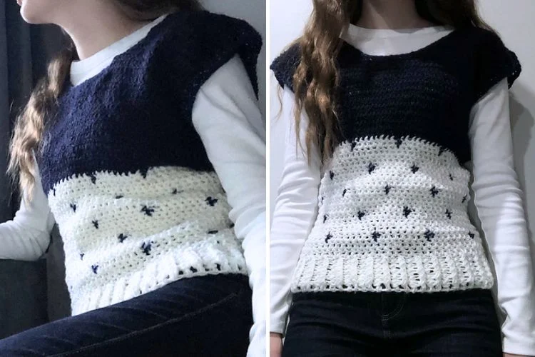 A woman showcasing two views of a hand-knit vest, featuring white and navy blue colors with star patterns.