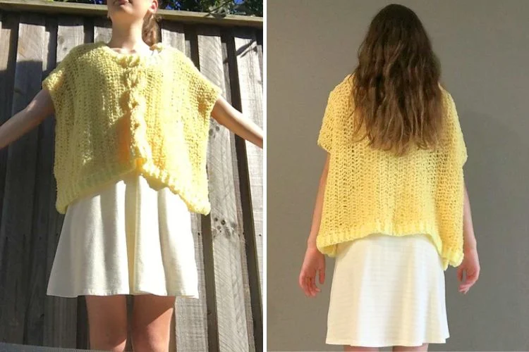 A person showcasing a yellow knitted poncho from both the front and back view.