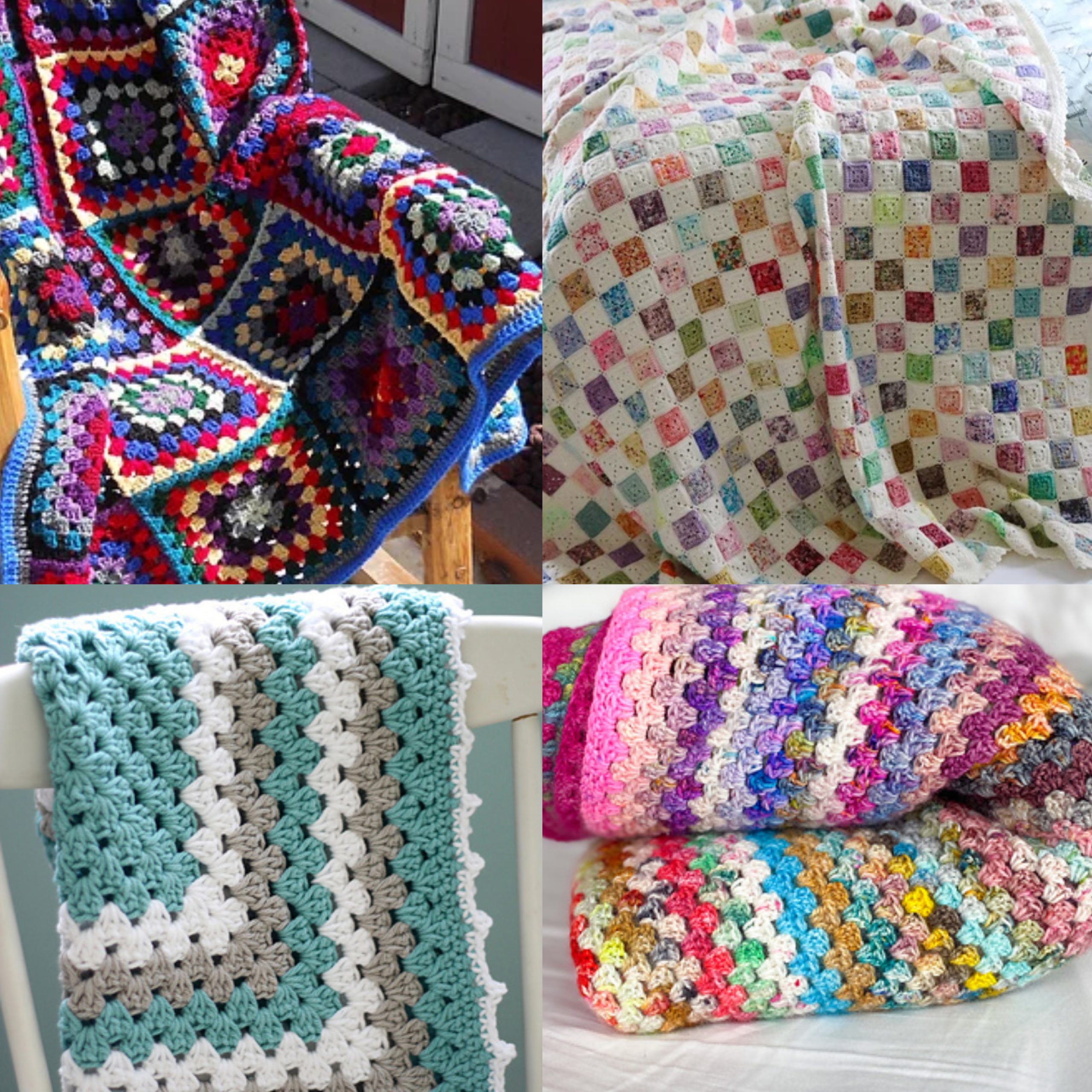 A collage of four different handcrafted crochet blankets in various patterns and colors, including a granny square blanket.