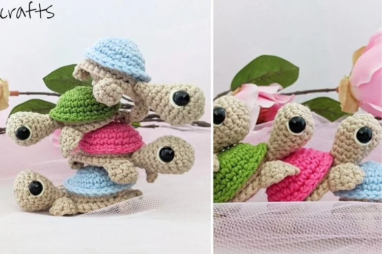 Handmade crochet turtles in blue, pink, and green displayed in a row with a floral background.