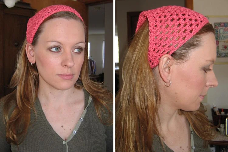 Two side-by-side photos of a woman with long brown hair wearing a pink crocheted headband, shown from the front and side.