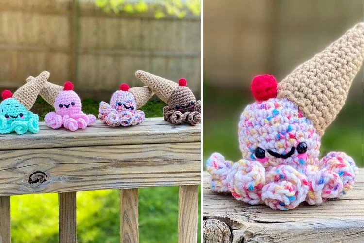 Handmade crochet ice cream cone characters with smiling faces, displayed on a wooden surface outdoors.