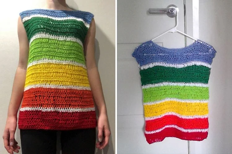 Two images of handmade, multicolored crochet tops; one worn by a person and the other displayed on a hanger.