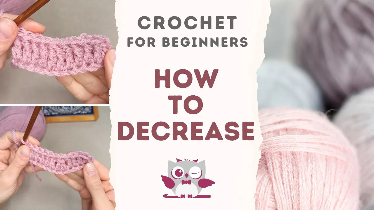 A beginner's guide to decreasing stitches in crochet, featuring hands working with yarn and crochet hook.