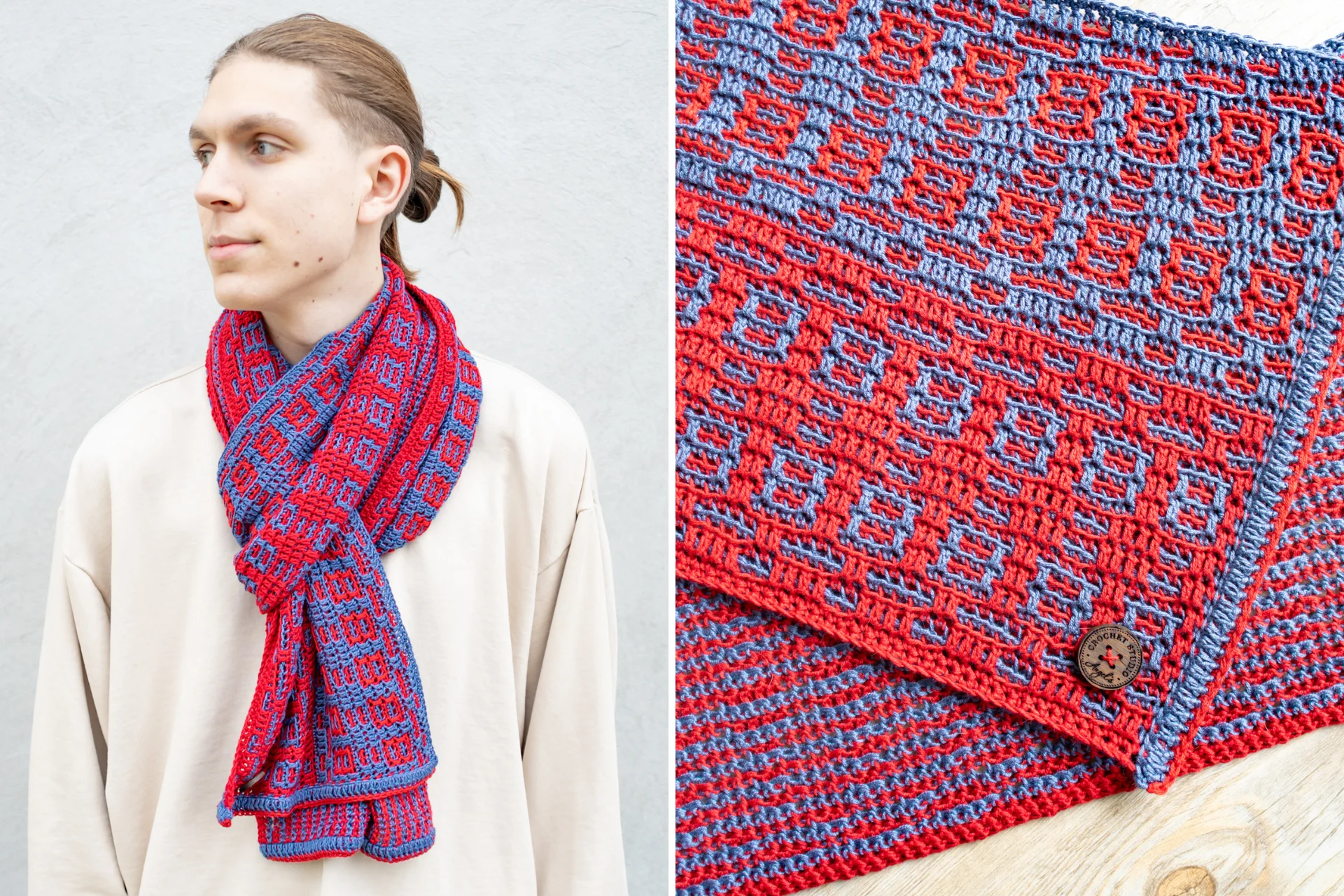 man wearing a red and blue crochet scarf and a close up of a mosaic crochet scarf