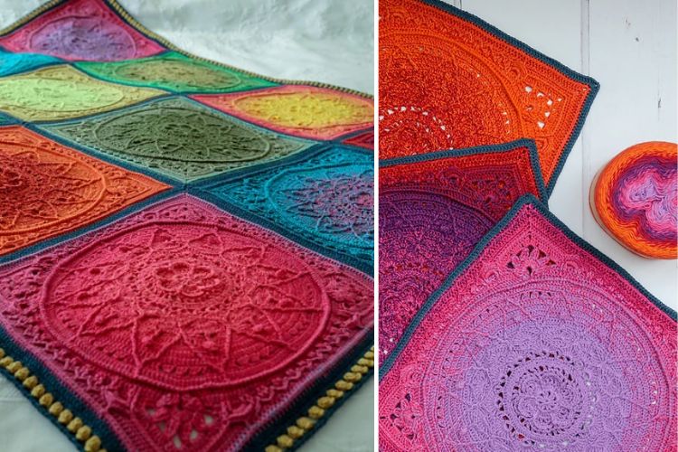 a crochet throw made of colorful intricate squares