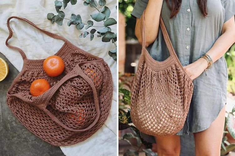 a brown crochet market bag