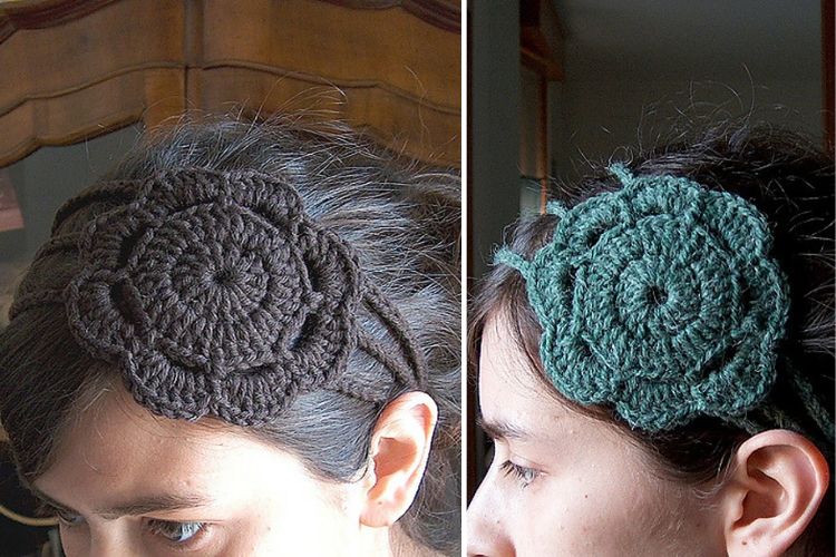 a woman wearing a crochet flower headband