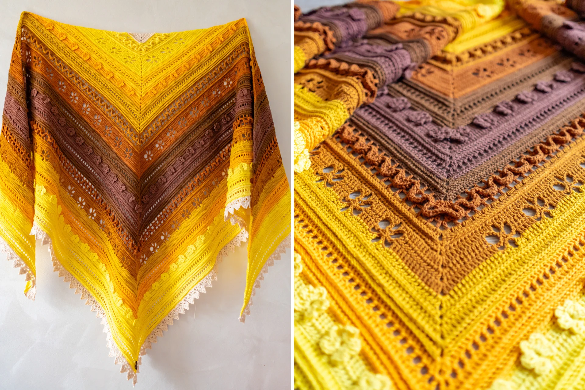 golden and brown crochet shawl hanging on a wall and close up of the triangle shawl