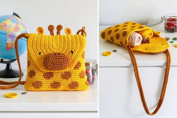 a crochet bag featuring a giraffe design