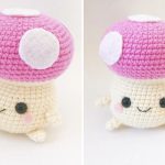 a crochet mushroom amigurumi with a pink head