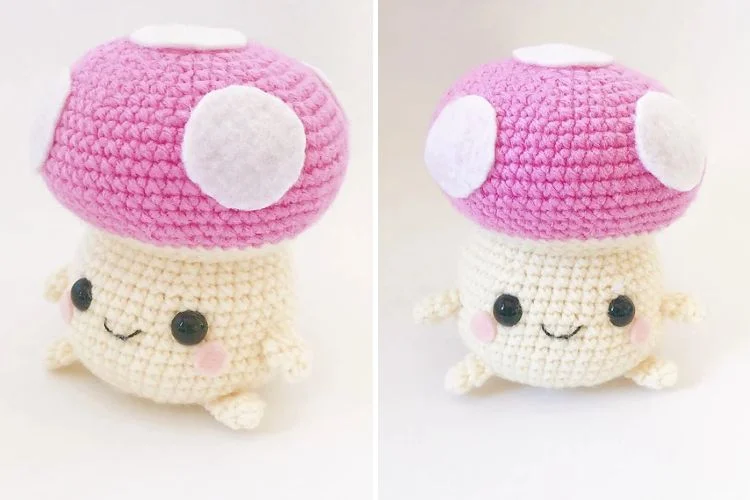 a crochet mushroom amigurumi with a pink head