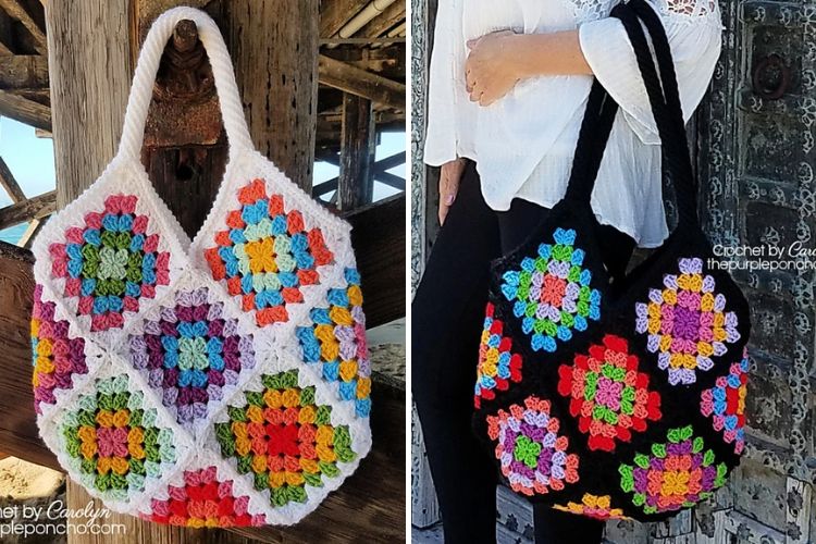 a crochet tote bag made of colorful granny squares