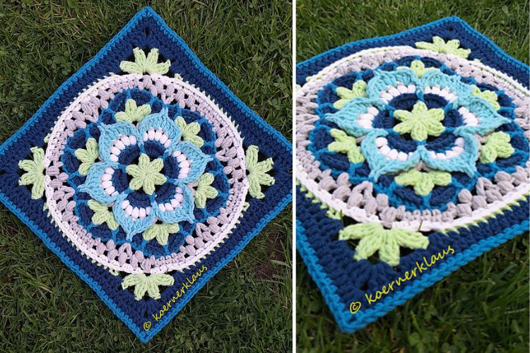 crochet granny square in blue colors and a textured design